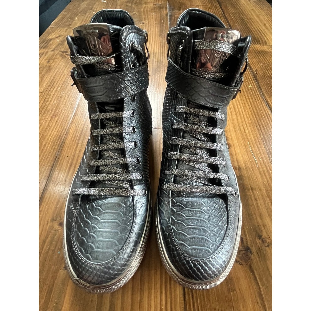 JMP Mens Metallic Silver Snakeskin Embossed High Top Sneakers Side Zip Buckle